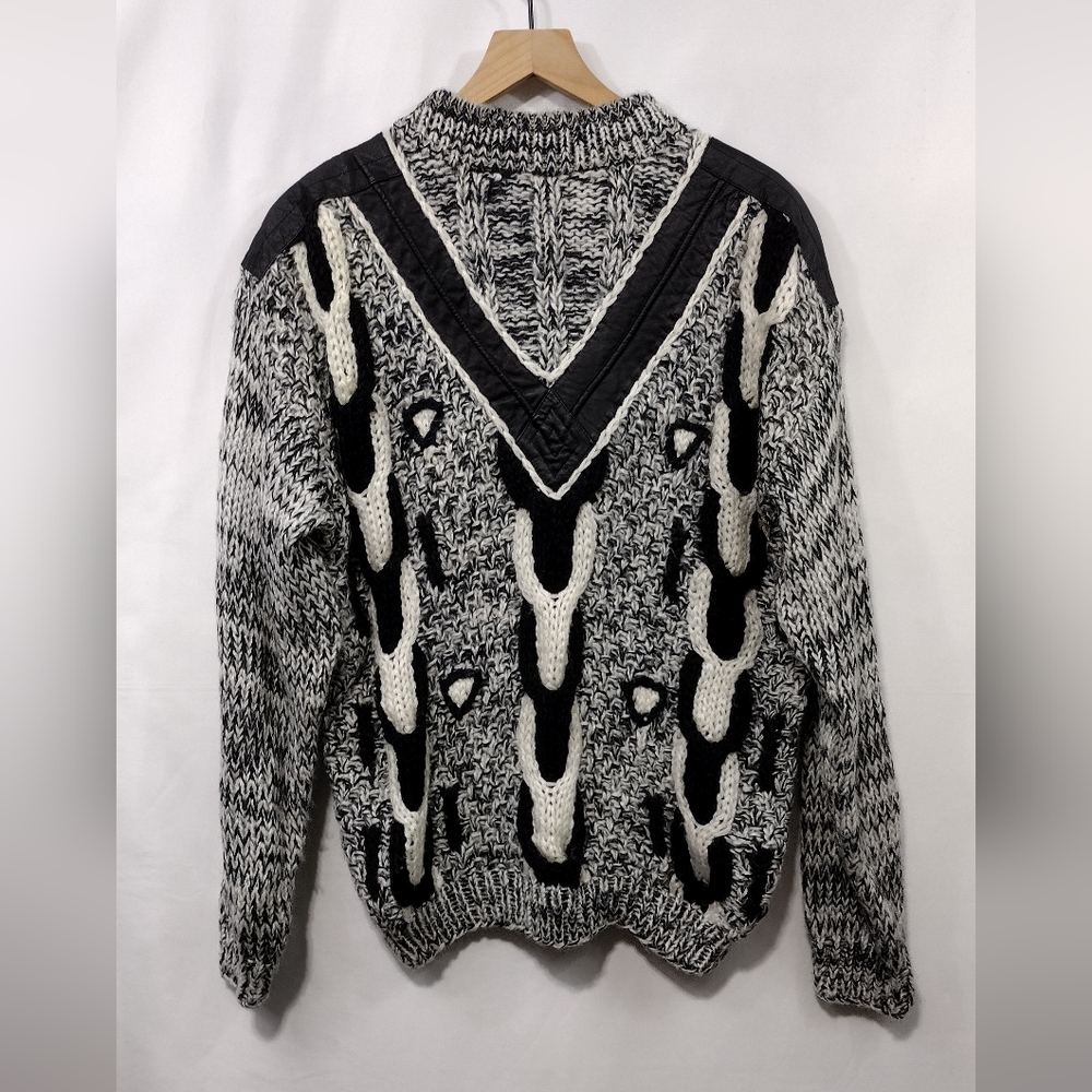 Vintage Street Scenes Leather Patchwork Sweater Mens M Black Retro 90s Y2K